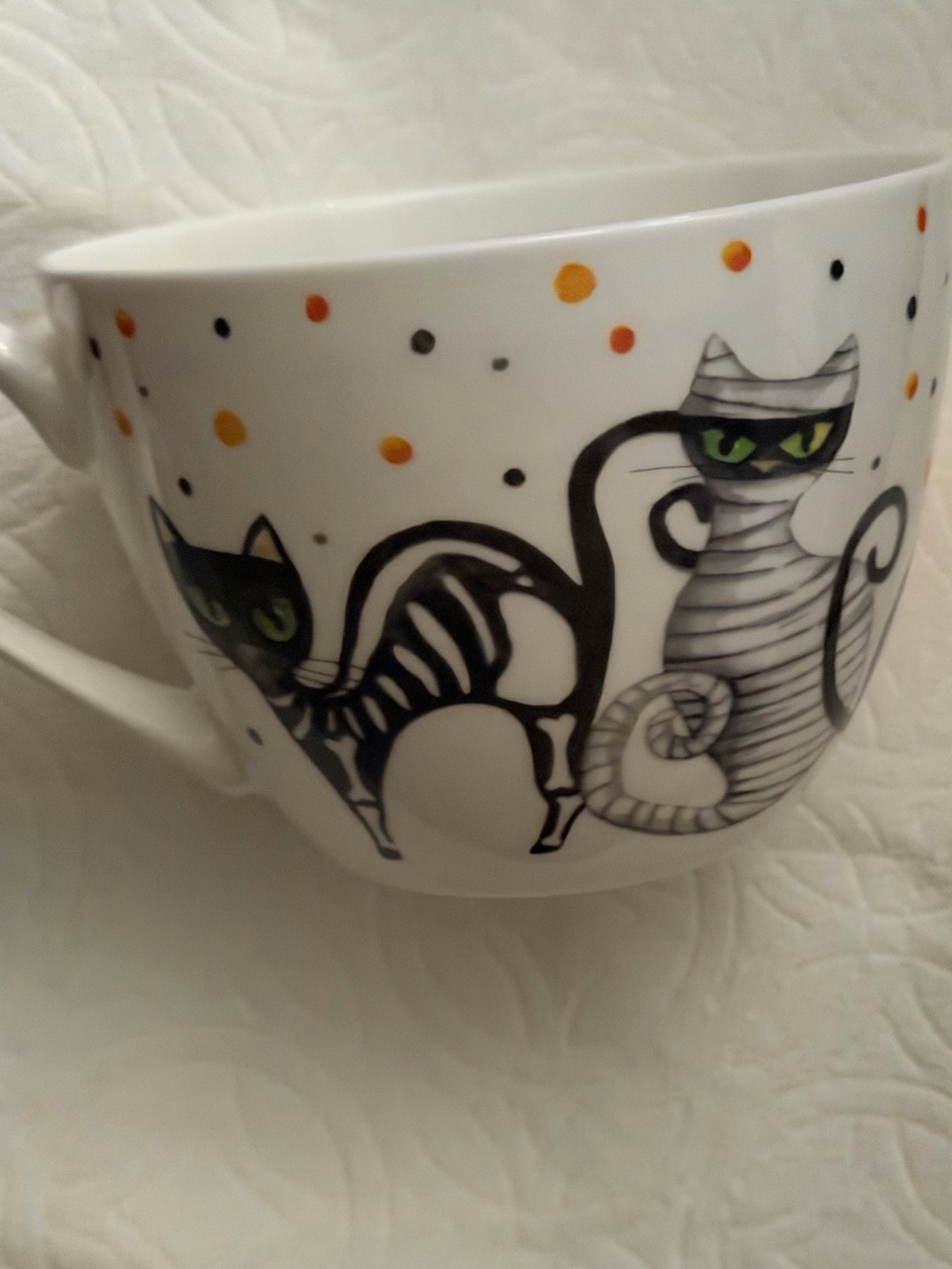Halloween Cat Ceramic Coffee Mug - White with Black and Orange Cartoon Cats - Picture 3 of 7